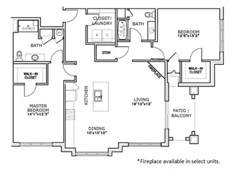 Floor plan for 2 beds, 2 baths, 1421 sqft